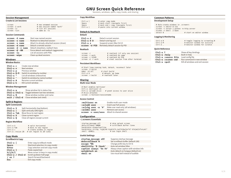 GNU Screen Quick Reference Color thumbnail