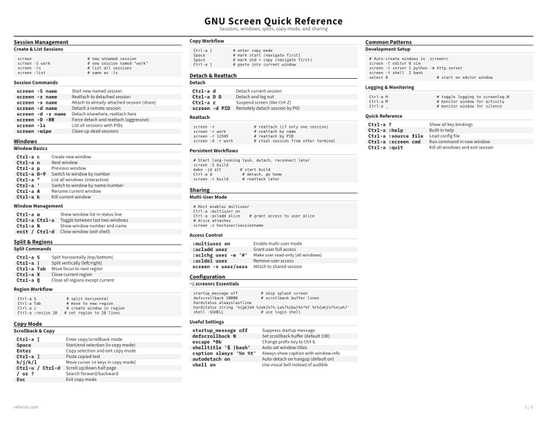 GNU Screen Quick Reference Standard thumbnail